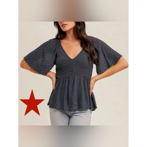 Hem & Thread Tops - New with Tags Hem & Thread Navy Rhinestuds V-Neck Peplum Blouse sz LARGE